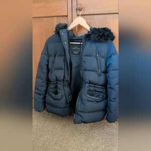 Zara Girls Navy Puffer Jacket with Faux Fur Hood